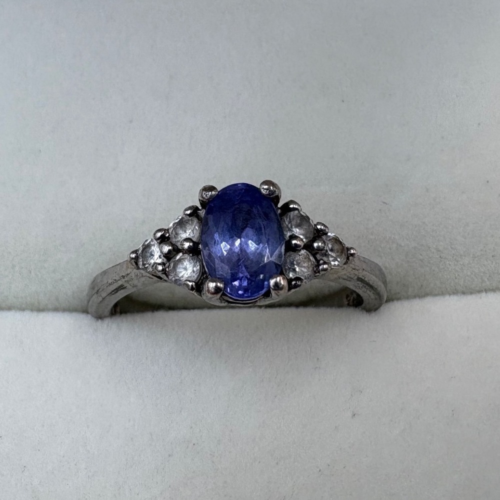 Tanzanite & White Topaz Sterling Silver Ring Size 7 — Oval Cluster Halo